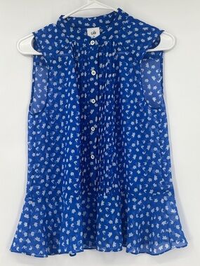 CAbi Royal Blue Sleeveless Button-Front Floral Swing Top